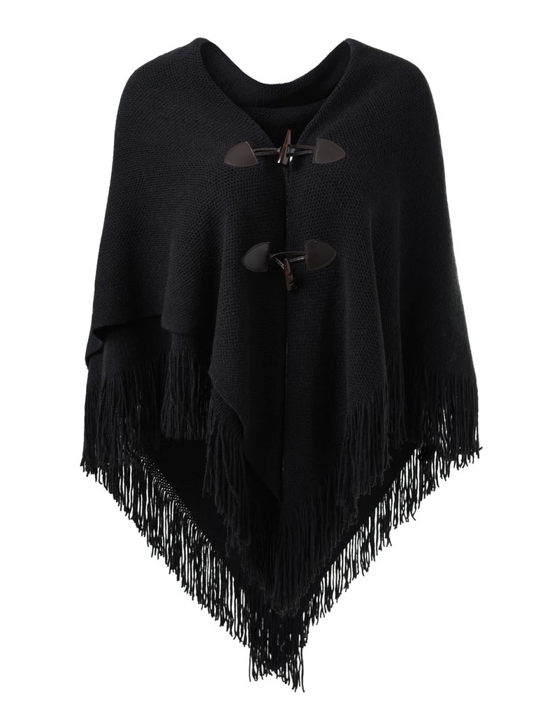 Ferand Womenâ€™s Loose Fitting Poncho Cape Shawl with Stylish Horn Buttons, V Neckline and V Hem, Black - Image 1
